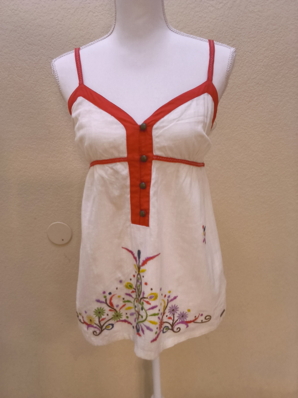 Roxy White Tank Top with Red Trim and Floral Embroidery